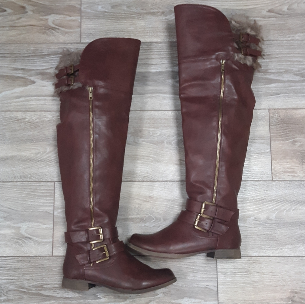 Just fab Oxblood Over the Knee Boots with Fur Trim
